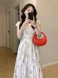 MQTIME  -  Dresses Women Sweet Floral Printed V Neck Short Sleeve Summer Fashion Elegant Dress Female Casual Temperament Chic