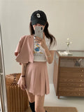 MQTIME   -  Summer Women Solid Short Sleeve Top+pleated Mini Skirts 2 Piece Set Sweet Lady Pink Grey Blazer Suit Preppy Style Set