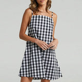 MQTIME  -  2024 Sexy Off Shoulder Loose A-Line Dress Fashion Hight Waist  Spaghetti Straps Dress Elegant Plaid Printed Pleated Mini Dresses