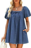 MQTIME  -  Summer New Fashion Square Neck Women Bubble Sleeve Dress Simple Strap Up Elegant Female Denim Short Dresses