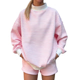 MQTIME  -  Women s Cozy Striped Lounge Set with Relaxed Fit Crew Neck Top and Matching Shorts - 2 Piece Casual Outfit for Stylish Comfort