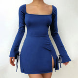 MQTIME  -  Summer Spring Women's Clothing Square Neck Long Sleeve Slim Fit Dress For Knit Polyester A Line High Waist Short Sexy Out
