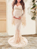  MQTIME  -  Maternity Off Shoulder Lace Maxi Dress Bell Sleeves Pregnant Long Gown Dresses For Photoshoot Baby Shower