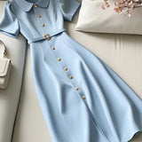 MQTIME  -  Solid Color A-Line Party Dress Summer New Women Peter Pan Collar Golden Single Breasted Slim Office Lady Midi Vestido Robe 837P