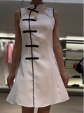 MQTIME  -  Women White Sleeveless Mini Cheongsam Dress Mandarin Collar Chinese Frog Knot Button A Line Dresses Lady Fashion Party Robe