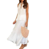 MQTIME  -  2 Pieces Sets Elegant Simple Casual Style Solid Sleeveless Halter Tie Up Tops Sheer Long A-line Skirt Suit Women's Mori Summer