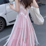 MQTIME  -  Two-piece Suit Women's Pink Gentle Suspender Dress Women's Summer New Vacation Style Seaside Fringed Blouse