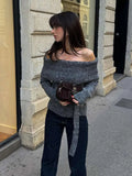MQTIME  -  Vintage Off Shoulder Sweater With Belt Women Elegant Knitted Solid Thick Long Sleeve Sweaters Female Winter Chic Street Knitwear