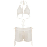 MQTIME  -  Women Solid Vacation Beach 2 Piece Set Lace Up Bra + Briefs + Shorts Summer Holiday Bikini Suits Night Clubwear Outfits