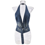 MQTIME  -  Sexy Blue Denim Short Halter Vests Women Chic Sleeveless Backless Off Shoulder Hollow Out Tops 2025 Summer Night Club Party Wear
