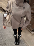 MQTIME  -  Women Stand Collar Short Coat Solid Asymmetrical Button Long Sleeve Cropped Jacket Minimalist Autumn Winter Chic Streetwear