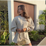 MQTIME  -  Women Autumn Winter Elegant Shorts Set Two Pieces Set Crop Single Breasted Long Sleeves Jacket Coat Female Chic Shorts Suit
