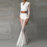 MQTIME  -  Women's Casual Patchwork Pleated Flared Pants Perspective Mesh Slim Trousers New Summer Elastic High Waist Club Long Pants