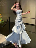 MQTIME  -  Women's Elegant Ruffles Long Dresses Fashion Spaghetti Strap Sleeveless Princess Party Dress Summer Slim Waist Casual Vestidos
