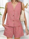MQTIME  -  Stylish Women s 2-Piece Set with Plaid Print V-Neck Tank Top and Elastic Shorts Perfect for Club and Streetwear Fashion