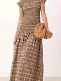 MQTIME  -  Vintage Grid Printed Slim Big Hem Dress Elegant O-neck Women Short Sleeve Party Dress Temperament High Waist Pleated Maxi Dress