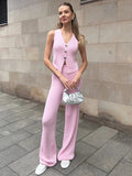 MQTIME  -  Knitted Straight Leg Pants 2 Piece Set Women's V-Neck Crop Tank Top High Rise Trousers Elegant Commuting Fashion Outfit