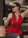  MQTIME  -  Sexy Women's Top Halter Sleeveless V-neck Ruffle Hem Female Solid Tank Summer Fashion Chic High Street New Lady Outfits