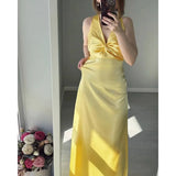 MQTIME  -  SilkySatin Dress SensualSexy VNeck LowBack Dress FigureFlatter TieBack Adjustable Dress SlimFit Evening FloorLength Gown