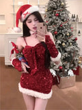 Mqtime Women Christmas Party New Year Red Nightclub Dress Female Elegant Sleeveless Sexy Slim Mini Dress Faux Fur Patchwork Prom Dress