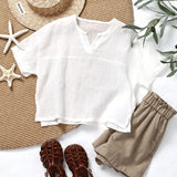MQTIME  -  100% Ramie Drop-Shoulder Loose Kid's Short-Sleeve T-Shirt  Summer New Casual V-Neck Boys And Girl Shirt Simple Children's Tops
