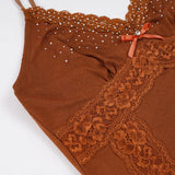 MQTIME  -  French Temperament V Neck Spaghetti Strap Sleeveless Slim Lace Patchwork Camis
