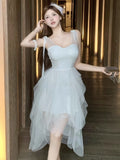MQTIME  -  Woman Dress Mesh Patchwork Sleeveless Irregular Slim V Neck Ribbon Princess Sweet Elegant Party Dresses Female Fashion