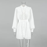 MQTIME  -  Boho White Dress Lantern Sleeve Lace-up Short Dress Cotton Holiday Vestidos Women Button Down Ruffled Edged Robes