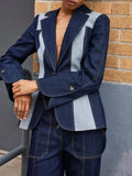 MQTIME  -  Women Fashion Denim Jackets 2024 New Autumn Long Sleeve Deep V-Neck Single-button Contrast Color Blazer Coat Streetwear