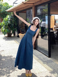 MQTIME  -  Elegant Women Denim Dress Solid Simple Square Colalr Sleeveless A-Line Blue Vestidos Female Summer Versatile Jeans Maxi Dresses