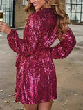  MQTIME  -  Elegant Women Luxury Formal Sequin V-Neck Mini Dress Fashion Long Sleeve Evening Ladies Street Party Vestidos Spring Summer