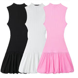  MQTIME  -  Women Elegant Solid Mini Dress Turtleneck Backless Sleeveless Slim Dresses Summer Woman Party Pink Ball Gown Dress