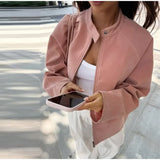 MQTIME  -  Street Suede Pink Women Jacket Fashion Long Sleeve Zipper Stand Collar Button Female Jackets Autumn New Lady Outwear