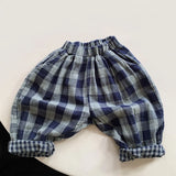 MQTIME  -  Children's Retro Blue Plaid Trousers Spring Autumn New Korean Boys And Girls Double-Layer Cotton Casual Harem Pants WTP121