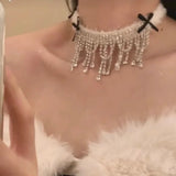 Mqtime Fashion Zircon Pearl Plush Tassel Choker Necklace 2024 Trendy Design Korean Sweet Bow Clavicle Necklace Women Party Jewelry