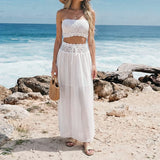 MQTIME  -  Simple Solid Bikini Cover Up Outfit Summer Beach Exposed Navel Women's Two Piece Sexy Strapless Top with Long Skirt Holiday Suit