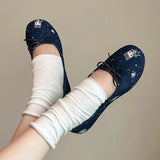 MQTIME  -  Comfort Leather Slip on Flats Cartoon Blue Print Bow Knot Detail Classic Mary Jane Ballet Shoes Outdoor Casual Dress Footwear