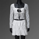 MQTIME  -  Women's Skirts Outfits Lace Low-Cut Tie-Up Front Long Sleeve Ruffles Crop Tops Mini Skirt 2 Pieces Clothes Dress Set Summer