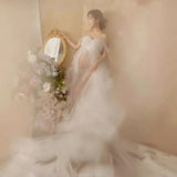 MQTIME  -   Women Elegant Heavy Embroidery White Off Shoulder Train Maternity Wedding Gown for Pregnancy Photo Shoot Studio Portrait Dress