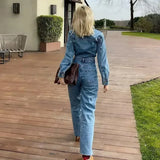 MQTIME  -  Autumn Denim Jumpsuit for Women Overalls Woman Jean Overalls Long Sleeve Elegant Jumpsuits Y2k Streetwear 2024 Turn Down Collar