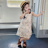 MQTIME  -  Vintage 100% Linen Flower Print Girls Dress With Pockets Summer New Baby Girl Sleeveless Casual Loose Spaghetti Strap Dresses