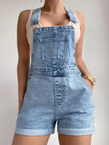  MQTIME  -  American Vintage Light Blue Denim Backless Shorts, High-Waisted Roll-Up Hem Slimming Casual Style, Loose-Fitting Women's Summer