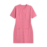 MQTIME  -  Elegant Knitted Short Dresses Women Solid Single Breasted Mini Dress Short Sleeve Pocket Slim Hip Vestidos 2025 Lady Fashion New