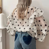 MQTIME  -  Elegant Classic Lace-Up Tops Female Clothing Fashion Loose Polka Dot Print Women's Blouse Casual Lapel Puff Sleeve Office Shirts