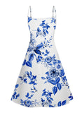 MQTIME  -  Womens Dresses Rose Print V Neck High Waist Spaghetti Strap Dress Sleeveless Summer A Line Cami Dress