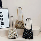 MQTIME  -  Women's Small Rope-Woven Bead Drawstring Handbags Daily Beach Casual Hobo Shoulder Bag Summer Crossbody Bags