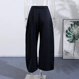 MQTIME  -  Fashion Stripe Pleated Wide Leg Pants For Women Casual Pockets High Waist Long Trousers Autumn New Lady Pants High Street