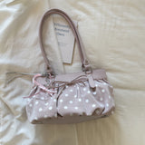 MQTIME  -  Cute Pink Polka Dot Ruched Underarm Bag Ladies Bow Detail Star Tassel Charm Handbags Female Casual Daily Shoulder Purse