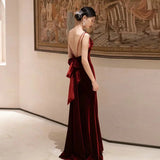 MQTIME  -  Simple Burgundy Velour Spaghetti Strap Long Wedding Dresses Women Sexy Backless Prom Party Gowns Toast Clothing