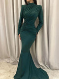  MQTIME  -  Women Ruched Maxi Dress Elegant Irregular Button Half High Collar Simple Evening Birthday Party Stretch Slim Bodycon